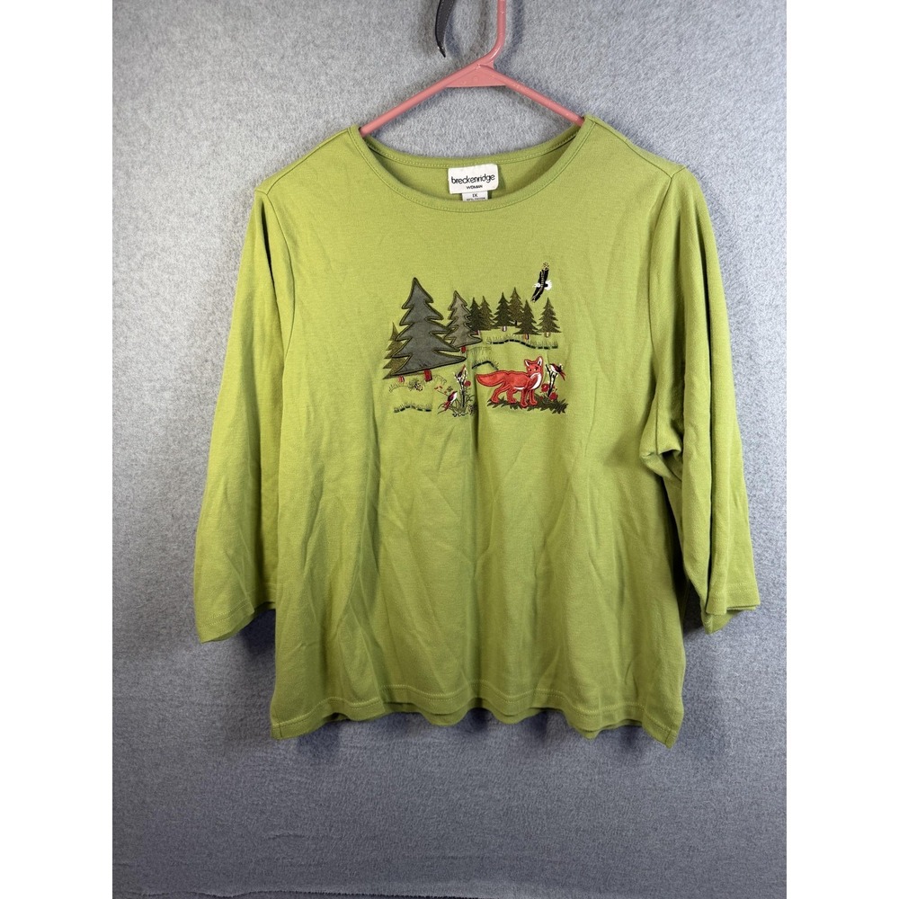 Breckenridge Shirt Womens 1X Green Fox Forest Embroidered 3/4 Sleeve Top